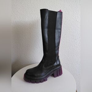 Nwob Steve Madden Gage Black Leather Pink Lug Chunky Sole Boots